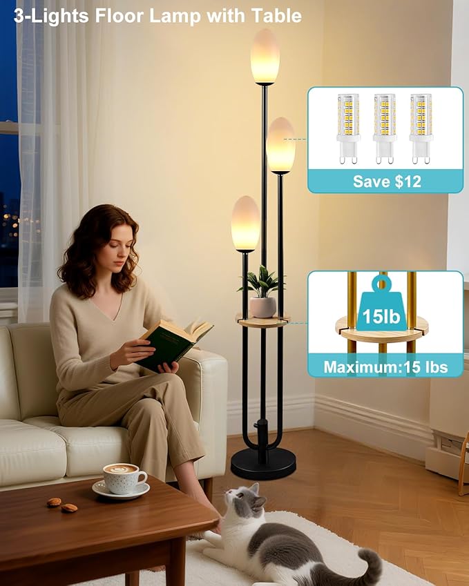 ACOHOOK Black Dimmable Floor Lamp with Table, Unique Candle Holder Style Tall Standing Lamps with 3000K G9 Bulbs for Reading, Mid Century Modern Floor Lamp for Living Room Bedroom Office