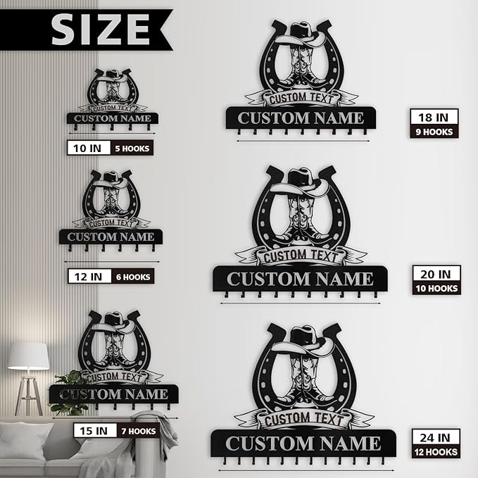 Personalized Cowboy Coat Hooks, Cowboy Boots Key Holder Wall Mount, Clothes Cowboy Hat Rack and Backpack Hanger, Western Wall Decor, Metal Key Rack Organizer for Living Room Hallway Color05