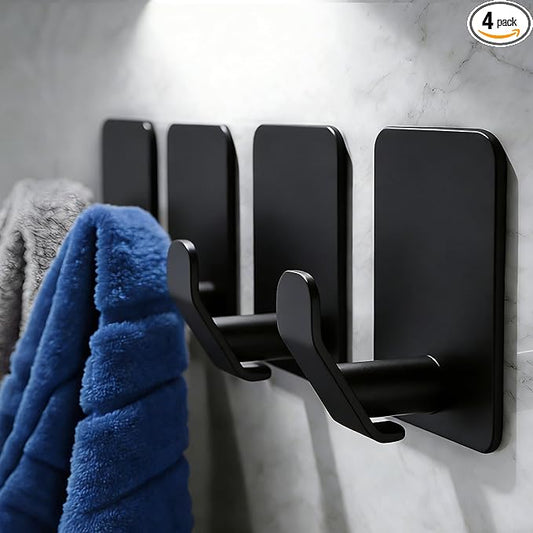 DELITON 4 Pack Adhesive Hooks - Towel Hook for Hanging Towels, Clothes and Bags, Matte Black Stainless Steel, Stick on Wall for Bathroom and Kitchen