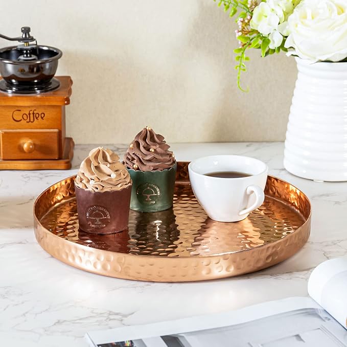 MyGift 11 Inch Deluxe Hammered Copper Kithchen Accessories Tray - Aluminum Plated Copper Platter and Vanity Tray - Handcrafted in India