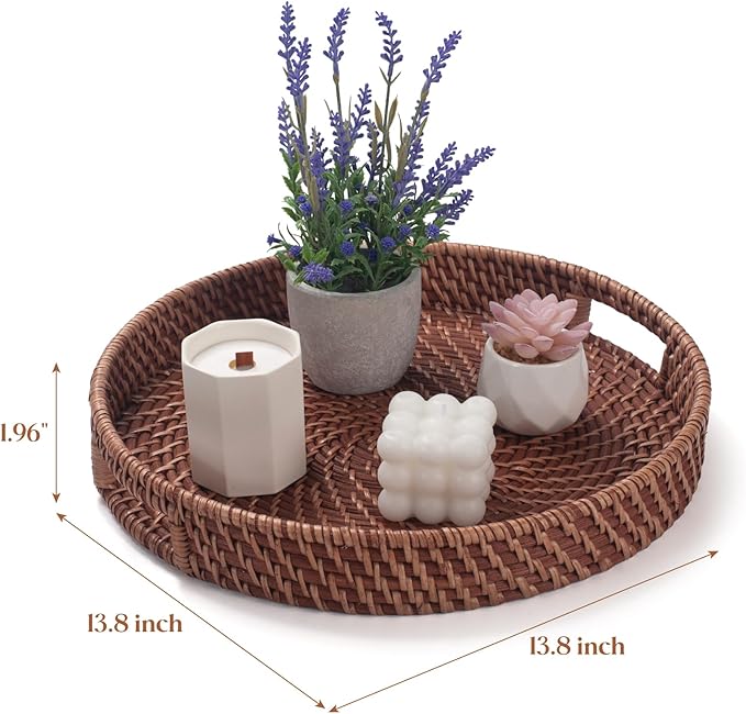 13.8 inch Rattan Tray, Round Wicker Tray with Cut-Out Handles, Woven Serving Tray for Dining/Coffee Table