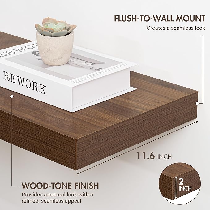30 Inch Floating Shelves, 12" Deep Floating Shelf Wall Mounted, 30" Wall Shelves, Rustic Deep Bookshelf, Extra Deeper & Thicker Display Shelves for Bedroom, Living Room, Walnut, Set of 2