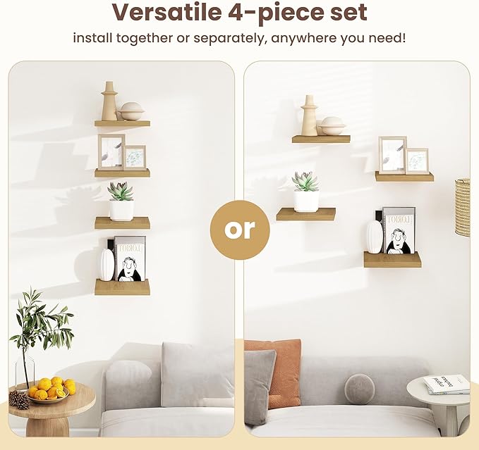 Fun Memories Floating Shelves for Wall - 7.5 Inch Square Shelves with Invisible Brackets, Oak Small Wall Shelf for Living Room, Bathroom, Bedroom, and Kitchen Decor，Set of 4