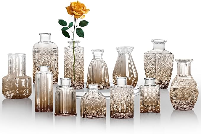 KUAGUINZUHE 12 Pcs Glass Bud Vase Set, Small Translucent Amber Vintage Flower Vases for Wedding Centerpieces in Bulk, Mini Embossed Vases for Home Table Decor, Party, Baby Shower Decorations