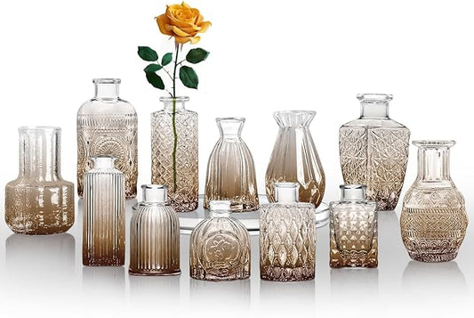 KUAGUINZUHE 12 Pcs Glass Bud Vase Set, Small Translucent Amber Vintage Flower Vases for Wedding Centerpieces in Bulk, Mini Embossed Vases for Home Table Decor, Party, Baby Shower Decorations