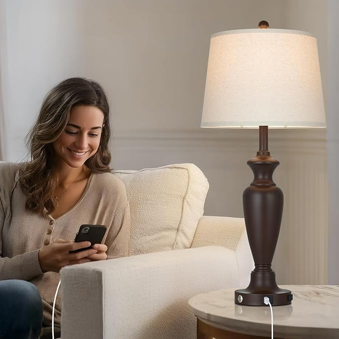 30" Tall Brown Table Lamps Set of 2 for Living Room, Touch Control Bedside Lamps for Bedroom Nightstand, 3-Way Dimmable Farmhouse Lamps with Charging Ports (2 LED Bulbs Included)
