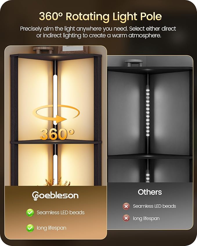 GOEBLESON 63.4” Display Shelf with Light, Modern Corner Floor Lampe with Shelves, LED Dimmable Standing Lamp with Remote for Living Room, Bedroom, Office, Adjustable CCT, Black Triangle B55LD05