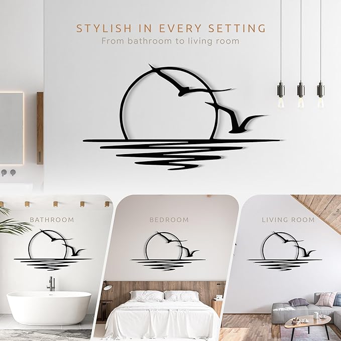 Wita Home Sunset with Seagulls Metal Wall Mounted Art, Handcrafted Metal Home Decor with Static Powder Coating, Eye-Catching Addition to Living Room Decor, Modern Beach Decor for Indoor and Outdoor Spaces, Perfect Housewarming Gift (18 x 9 inches)