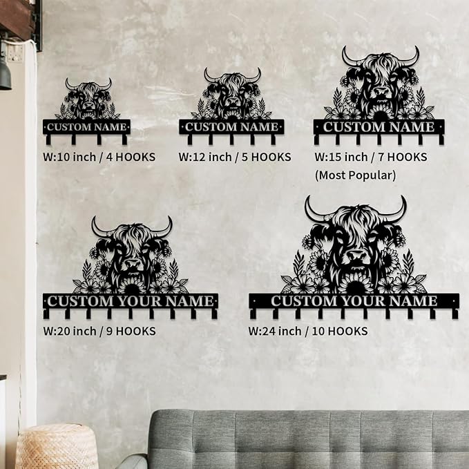 magilab Personalized Custom Highland Cow Wall Hooks,Metal Highland Cow Art Clothes Hooks,Metal Highland Cow Wall Home Storage Decorative,for Front Door, Hallway, Kitchen, Bedroom,Keys,Hats (Style L)