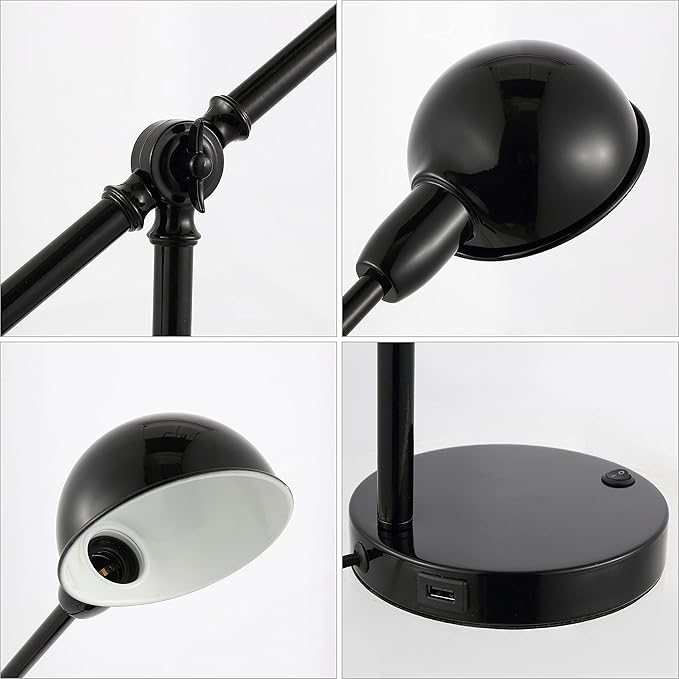 JONATHAN Y JYL7123A 20.25" Industrial Desk Lamp with USB Port, Vintage Black Metal Task Lamp with Adjustable Dome Shade for Home Office Reading, Bedside Nightstand Lamp for Bedroom, LED Bulb Included