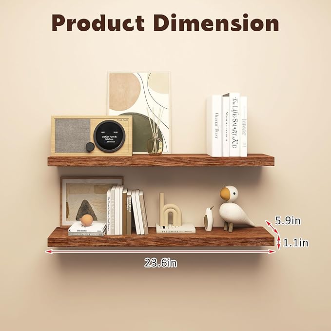 Floating Shelves for Wall, Set of 2 Solid Wood Wall Shelves for Bathroom, Small Hanging Shelf for Books Storage Room Decor (Walnut, 35.4in)