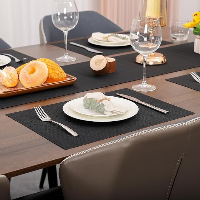 Myir JUN Placemats Set of 8, Vinyl Woven Placemats Place Mats Indoor Set of 8 Washable Table Mats Non-Slip Place mats for Dining Table (Black, Set of 8)