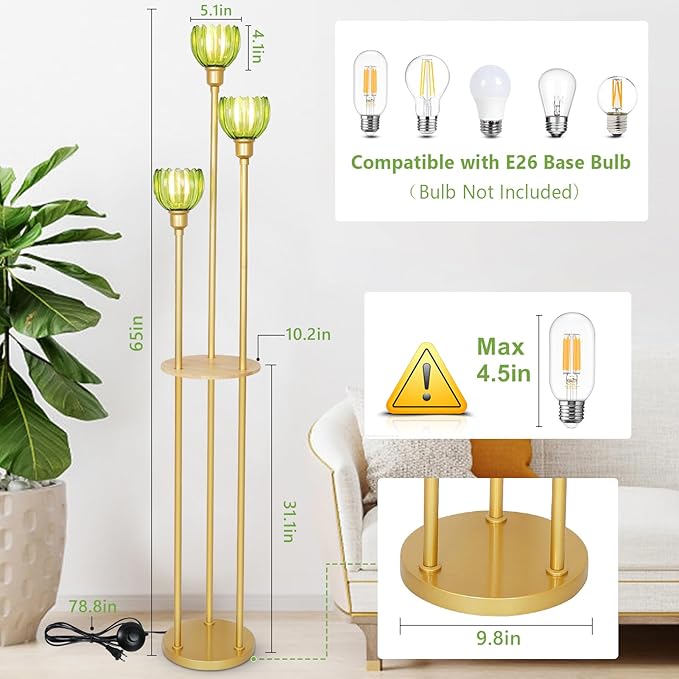 HMVPL MVPL Crystal Floor Lamp with Shelves,Floor Lamps for Living Room (Gold-Green Flower Shade, Glass)