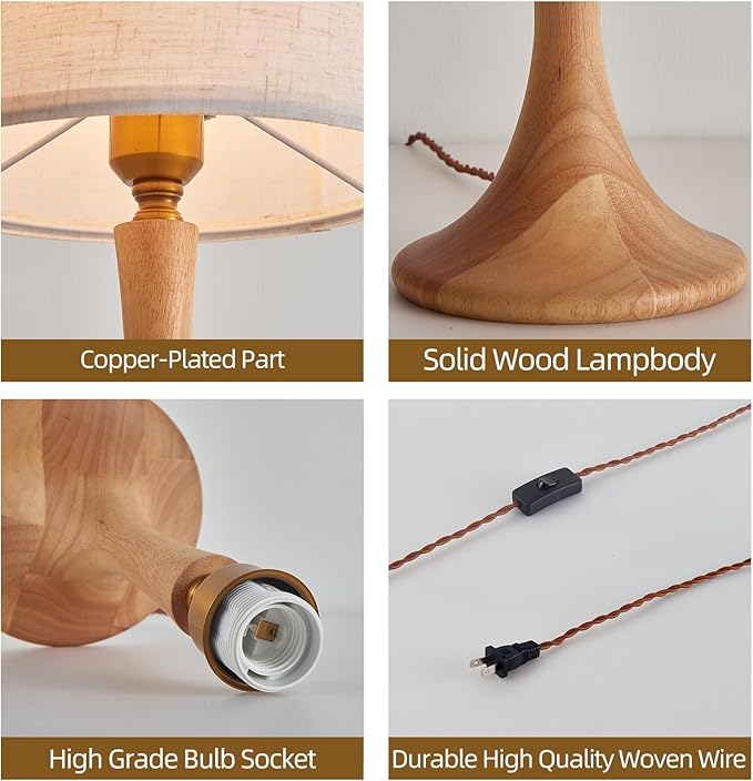 Bedside Table Lamp for Bedroom, Nordic Plug in Fabric Shade & Solid Wood Base Desk Lamp, Plug & Play Yellow Wood Color Nightstand Lamp for Living Room, Office, Switch Power Cord 【Bulb Not Included】