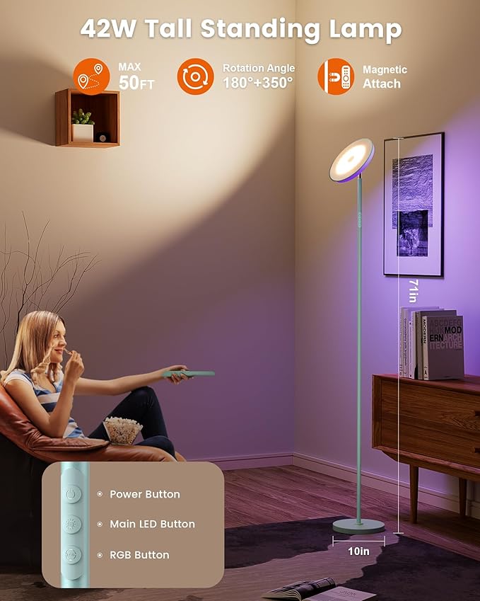 WOWLUMEN Bright Floor Lamp for Living Room, 42W LED Room Lights with Remote, 3700LM RGBW Modern Tall Standing Light, Color & Brightness Dimmable, UFO Ring Lamp,1/2/3H Timer for Bedroom,Office(Blue