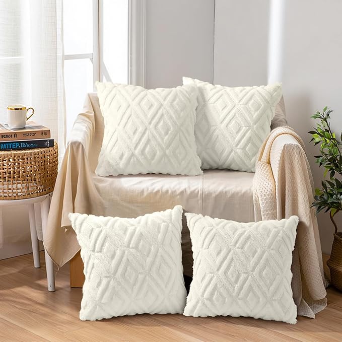 decorUhome Pack of 4 Faux Fur Throw Pillow Covers 18x18, Soft Decorative Couch Pillow Covers with Velvet Back for Modern Sofa Living Room, Cream White