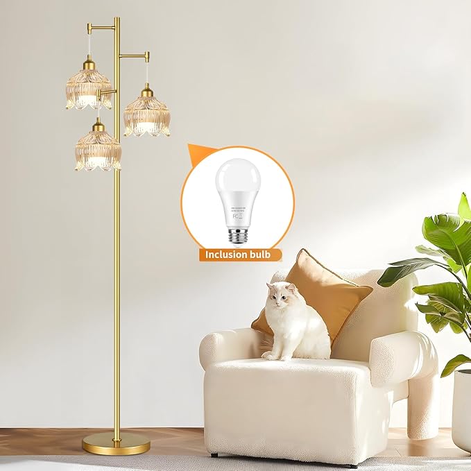 WLQCWL Vintage Floor Lamps for Living Room Bedroom-3 Light Gold Floor Lamp with Glass Lampshape, Flower Tall Lamp Glass Mid Century Standing Lamp Tree Floor Lamp for Living Room Corner