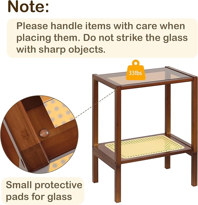 2-Tier Bamboo Side Table, Modern Glasstop Rattan Side Table, Mid Century Wood Sofa-Side End Tables for Living Room, Bedroom Night Stand with Storage, Small Narrow Coffee Tables, Walnut