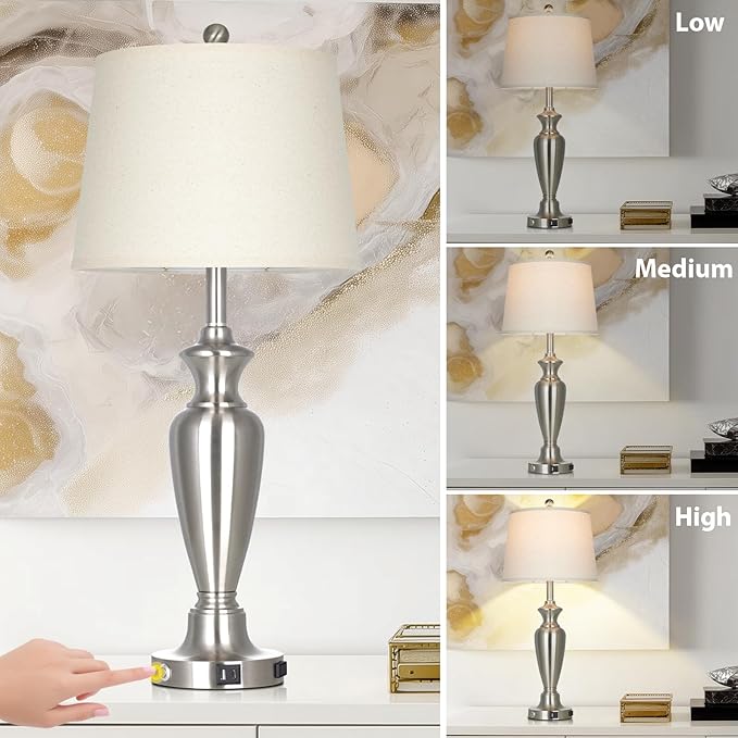 Silver Table Lamp for Living Room Single, 30″ Tall Touch Control Bedside Lamp for Nightstand, 3-Way Dimmable Bedroom Lamp with USB A+C Ports and AC Outlet (1 Pack)