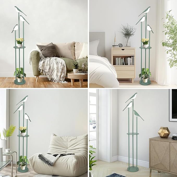 Artmooy Bird Floor Lamp for Bedroom, Green Standing Lamps for Living Room, Corner Tall Lamp with Table, 3-Lights Vintage Floor Lamp, Modern Stand Up Lamp for Office, Girls Room, Unique Bird Lamps