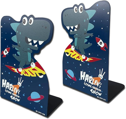2 Pack Metal Bookends,5.3"x3.9"x8"Non-Slip Darkblue Cartoon Dinosaur Book Stopper,Heavy Duty Premium Space-Themed Decorative Book End, Supports for Kids Children Shelves,Room,School,Learning Gifts