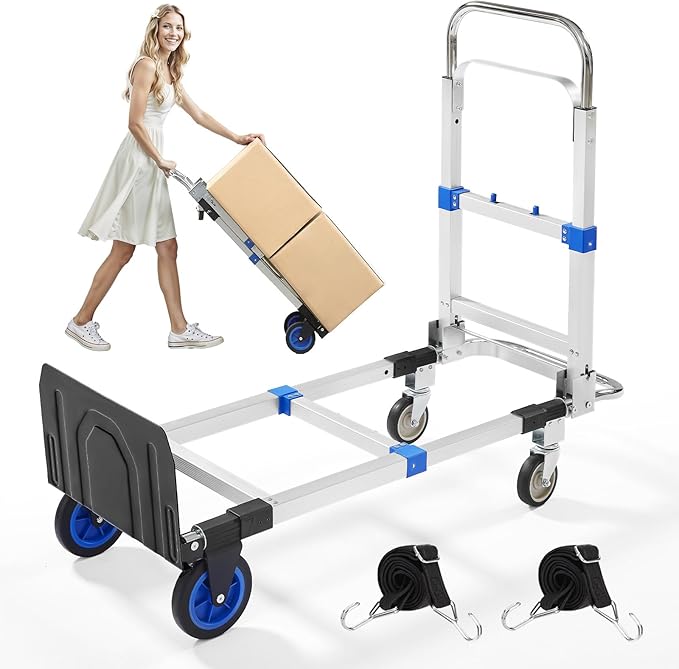 3 in 1 Aluminum Folding Hand Truck Dolly Cart with Wheels 600 Lbs Capacity Collapsible Heavy Duty Convertible Trolley with Retractable Handle for Moving Home Warehouse Office Camping (Blue)