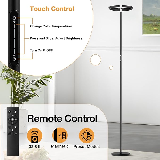 PreeOtti Floor Lamps for Living Room, 40W/2400LM Rotatable LED Floor Lamp with Touch & Remote Control, 70" Tall Standing Lamp Stepless Dimmable, Modern Torchiere Corner Lamp for Bedroom, Office