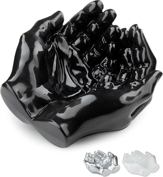 Hand Shaped Succulent Planter Pot - Crystal Display - Air Plant Holder - Giving Hands Sculpture Decor - Key Bowl Ring Dish - Candle Holder (Black)