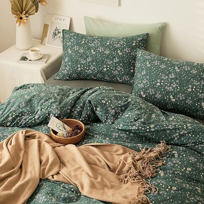 Vintage Green Floral Duvet Cover Twin XL Jersey Knit Cotton Chic Floral Bedding Set Garden Style Flower Botanical Duvet Cover Cottagecore Pillowcases