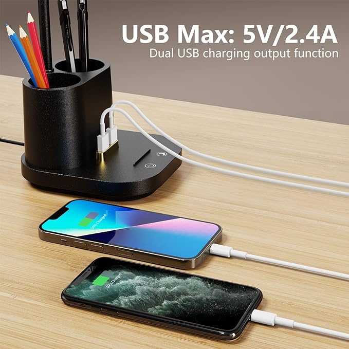 LED Desk Lamp with USB Charging Port Touch Control 3 Color Modes, Stepless Dimming,Eye-Caring LED Table Lamp for Home,Office,Bedroom,Reading,Work,Study,Gooseneck Lamp, 5V, 2.4A
