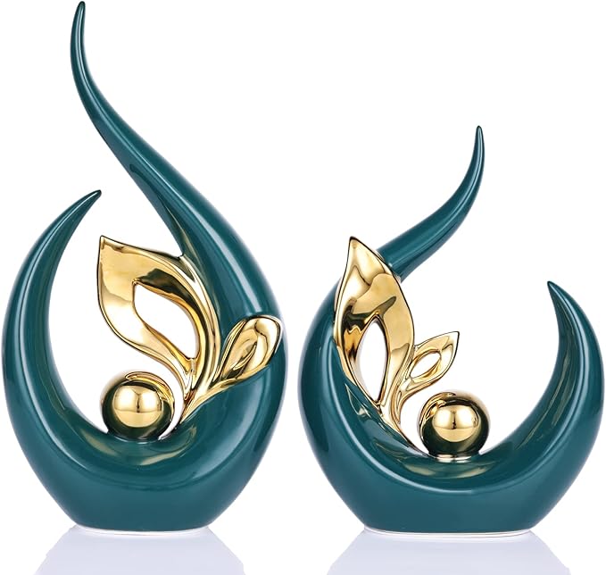 DOVDOV Green Office Decorative Ceramic Statue Set of 2, Dining Room Table Decorations, Green Modern Home Decor for Living Room, Console, Desk Center, Entrance Table Decorations