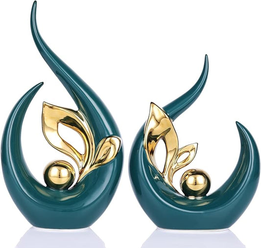 DOVDOV Green Office Decorative Ceramic Statue Set of 2, Dining Room Table Decorations, Green Modern Home Decor for Living Room, Console, Desk Center, Entrance Table Decorations