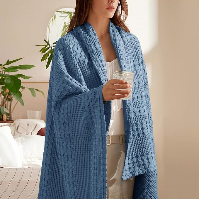 PHF 100% Cotton Waffle Weave Throw Blanket, Soft Lightweight Breathable Cozy Throws for Couch Bed Sofa, 300 GSM Luxury Aesthetic Blanket Gift for Home Decor & Office, 50"x60", Denim Blue