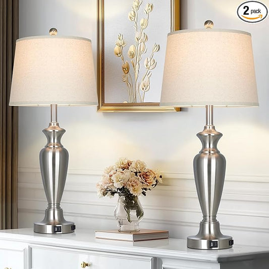 30" Tall Silver Table Lamps Set of 2 for Living Room, Touch Control Bedside Lamps for Nightstand, 3-Way Dimmable Bedroom Table Lamp with USB A+C Ports and AC Outlet (2 LED Bulbs Included)
