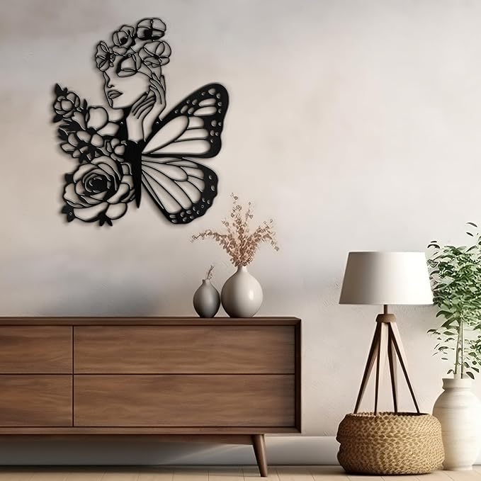 SIGNLEADER Metal Wall Art Decor Woman with butterfly Wings Minimalist Modern Abstract Wall Sculpture Hangings Home Decoration for Living Room, Bedroom, Bathroom, Kitchen, Outdoor - 18" Black
