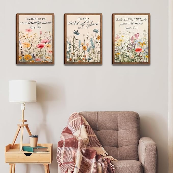 3Pcs Floral Christian Scripture Canvas Posters Prints Wall Art,Home Decor Inspirational Bible Verse Preppy Room Decor Wall Decoration, for Bedroom Living Room Bathroom university dormitories 24x16in Framed
