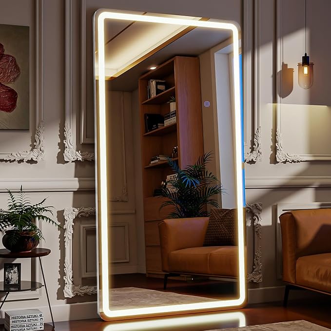 Led Mirror Full Length 16 x 60 Inch Tempered Glass Full Body Mirrors with Dimming & 3 Color Lighting Standing Leaning or Hanging Full Length led Mirrors for Bedroom Dressing Room Rect