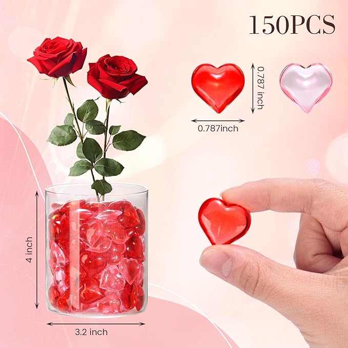 DomeStar 150PCS Heart Vase Fillers, Acrylic Hearts Rhinestones Pink Red Heart Diamonds 20mm for Floating Valentine's Day Table Scatters Wedding Gift Box Party Pearls Decorations