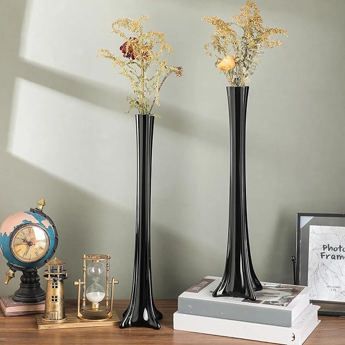 Roshtia 6 Pcs Eiffel Tower Vase Bulk 16 Inch Flute Vases Tall Glass Long Skinny Base Glass for Wedding Centerpiece Flowers Home Table Decorations Formal Dinners (Black)