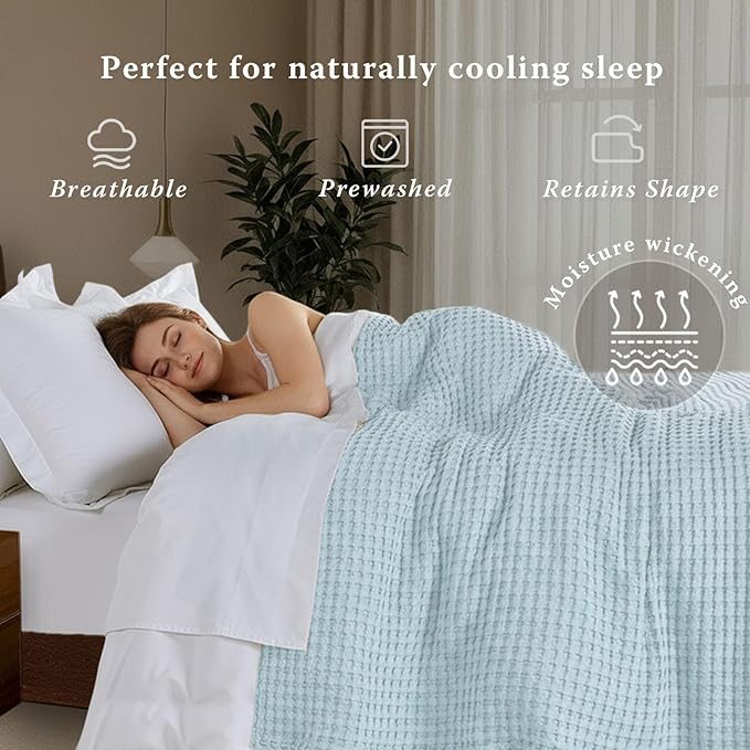 Threadmill Cooling Waffle Blanket King Size | Breathable, Lightweight and Cooling | Made from Rayon Derived from Bamboo | Waffle Throw Blanket for Couch and Sofa | 106 x 92 Inches | Light Blue