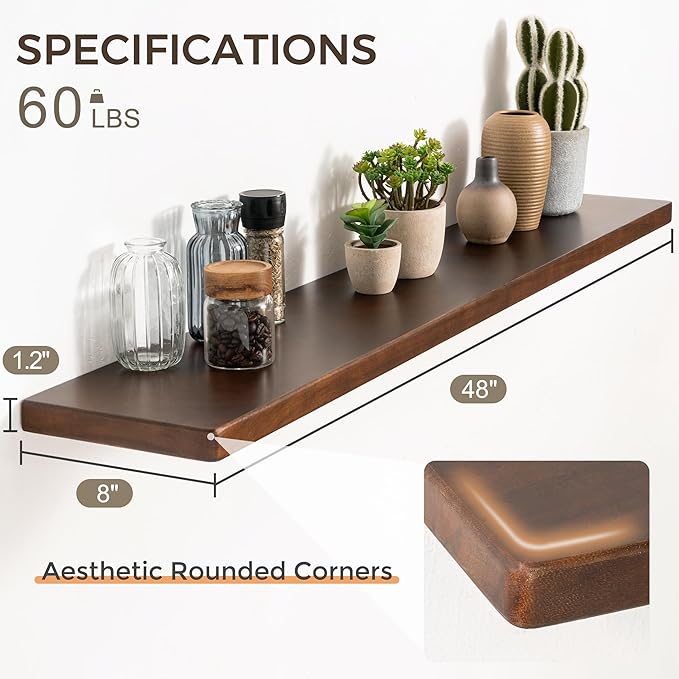 48" Rustic Walnut Wood Floating Shelves, 8 Inch Deep Wall Shelves for Home Decor, Wall Mounted Floating Shelf with Invisible Bracket, Heavy-Duty Storagefor Living Room, Bedroom, Kitchen, Set of 1