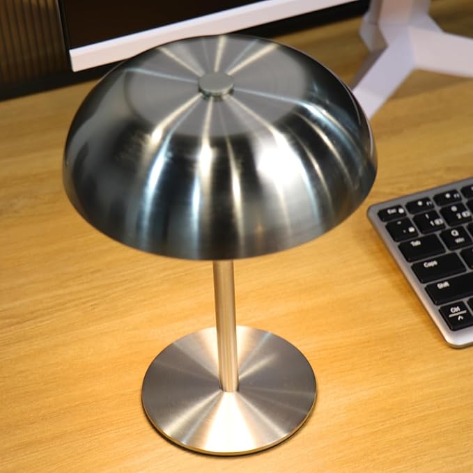 Portable LED Mushroom Table Lamp, Cordless Desk Night Light with 5200mAh Rechargeable Battery, Stepless Dimming Small Lamp with 3 Colors and Brightness Control for Bedroom/Bar/Coffee shop (Silver)