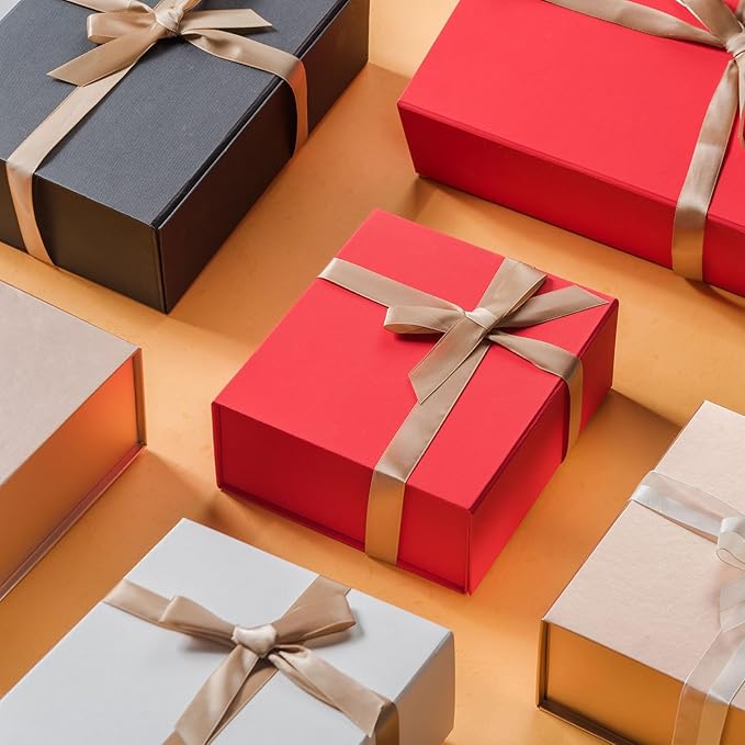 LIFELUM Red Gift Box 8 x 7 x 3 inch, Small Gift Box with lid Magnetic Closure for Presents with Lids Ribbon