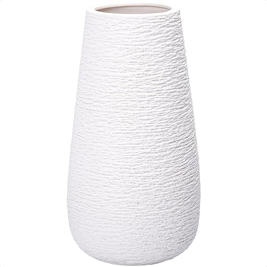 D'vine Dev 12 Inch Textured White Elegant Oval Ceramic Vase for Flowers, Home Décor Vase with Design Box, VS-LD-C-1