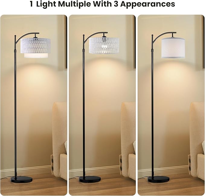 Yusist Arc Floor Lamp for Living Room,Farmhouse Floor Lamps with Remote Control & Dimmable Bulb,White Rattan Boho Tall Standing Lamp for Bedroom Office