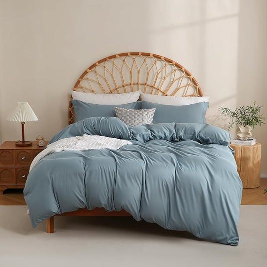 JSD Dusty Blue Duvet Cover Set King Size, 3 Piece Duvet Cover with Pillow Shams, Soft Brushed Microfiber Zipper Closure, Comforter Not Included