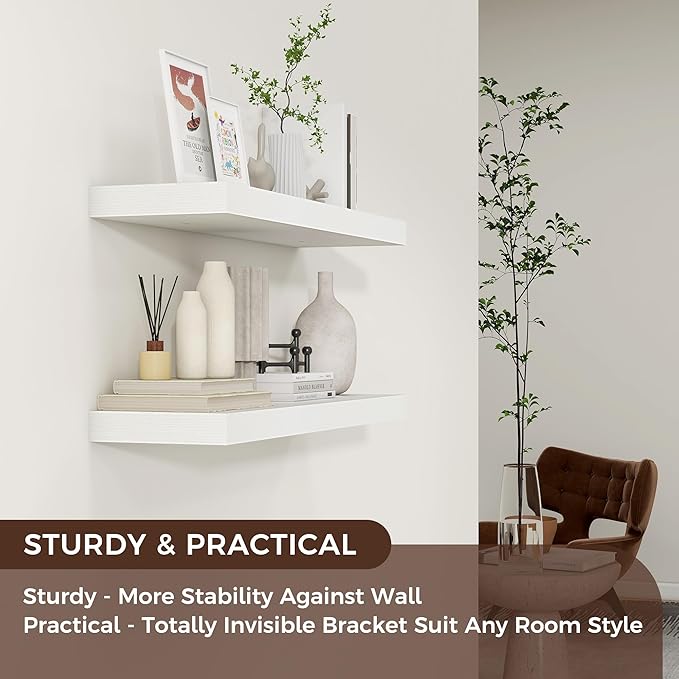 Floating Shelves for Wall 24"W x 6.7"D x 1.37"H, Engineered Wood Wall Shelves with Invisible Brackets for Living Room Bedroom Bathroom Office Kitchen Decor and Storage, White Finish, Set of 2
