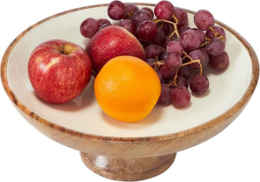 VHC Brands Natural with White Wooden Fruit Bowl 5.5x12x12, Kitchen Decor, Decorative Wooden Pedestal Bowl, Perfect Centerpiece for Table, Island, or Counter