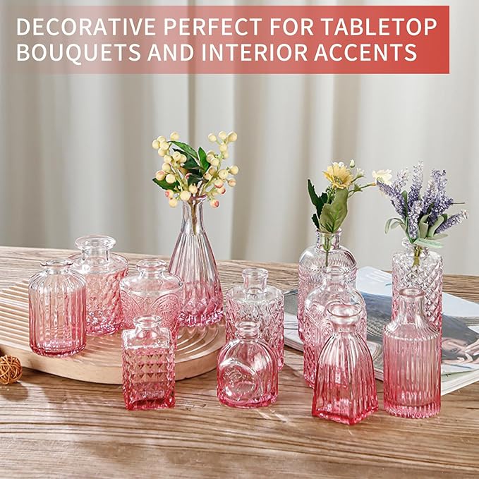 KUAGUINZUHE 12 Pcs Glass Bud Vase Set, Small Pink Vintage Flower Vases for Wedding Centerpieces in Bulk, Mini Embossed Vases for Home Table Decor, Party, Baby Shower Decorations