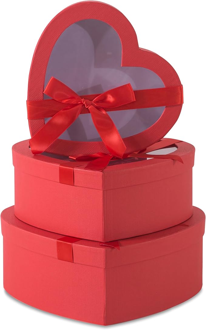 Soul & Lane Red Heart Shaped Gift Boxes with Clear Lids and Decorative Bows: Set of 3 Cardboard Heart Boxes for Flowers, Chocolates, Large Box for Flower Arrangements and Valentine’s Day Presents